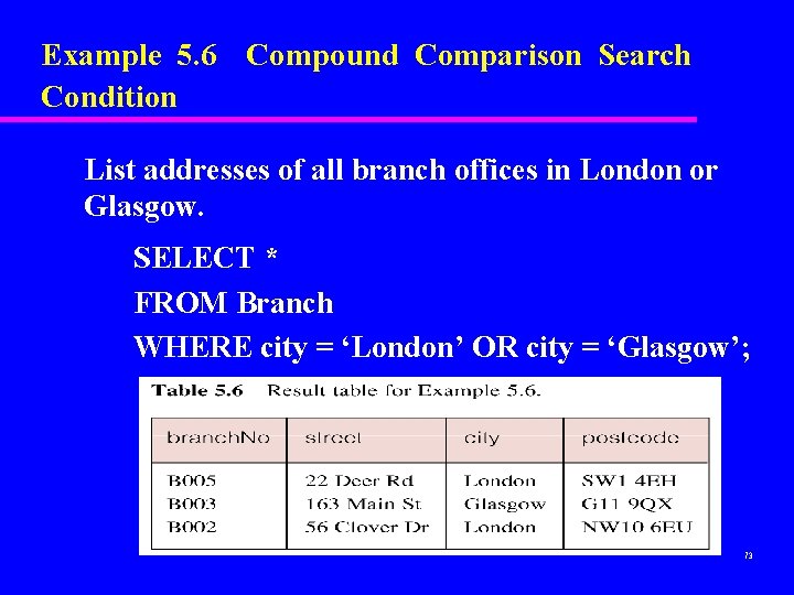 Example 5. 6 Compound Comparison Search Condition List addresses of all branch offices in