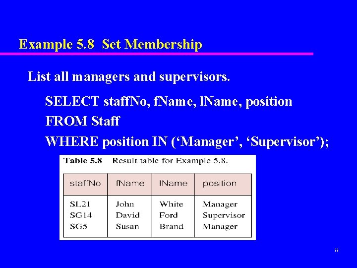 Example 5. 8 Set Membership List all managers and supervisors. SELECT staff. No, f.