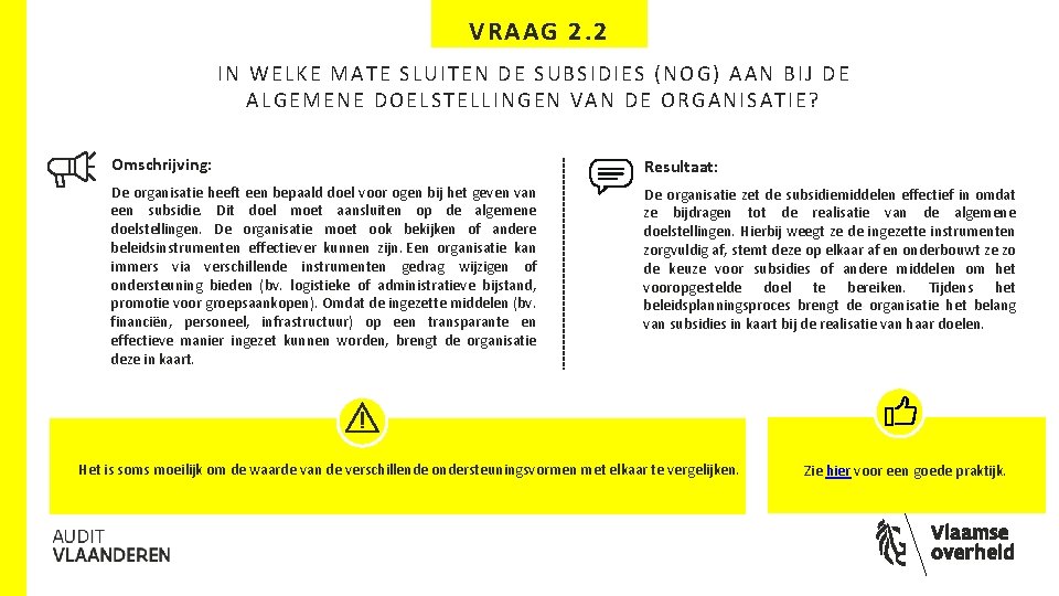 VRAAG 2. 2 IN WELKE MATE SLUITEN DE SUBSIDIES (NOG) AAN BIJ DE ALGEMENE