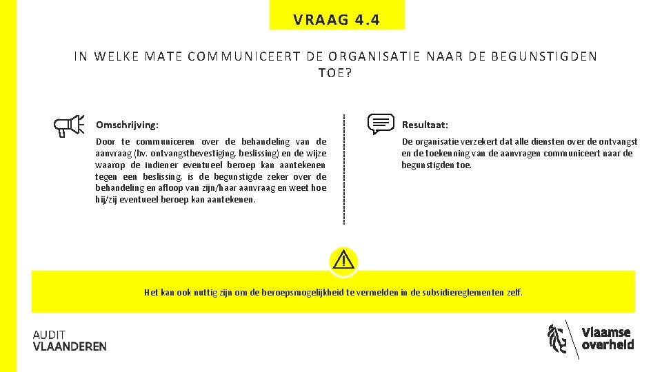 VRAAG 4. 4 IN WELKE MATE COMMUNICEERT DE ORGANISATIE NAAR DE BEGUNSTIGDEN TOE? Omschrijving: