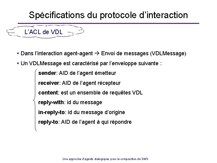 Spécifications du protocole d’interaction L’ACL de VDL § Dans l’interaction agent-agent Envoi de messages