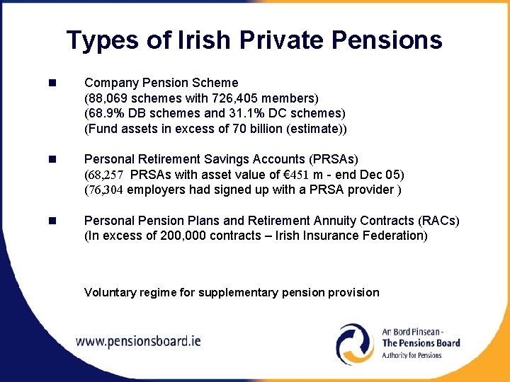 Types of Irish Private Pensions n Company Pension Scheme (88, 069 schemes with 726,