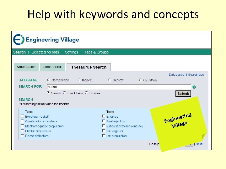 Help with keywords and concepts ing r e e Engin ge Villa 