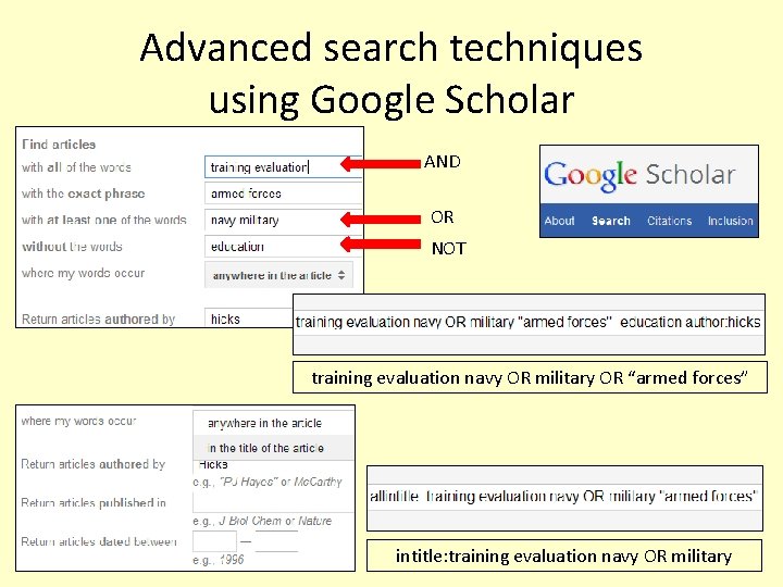 Advanced search techniques using Google Scholar AND OR NOT training evaluation navy OR military