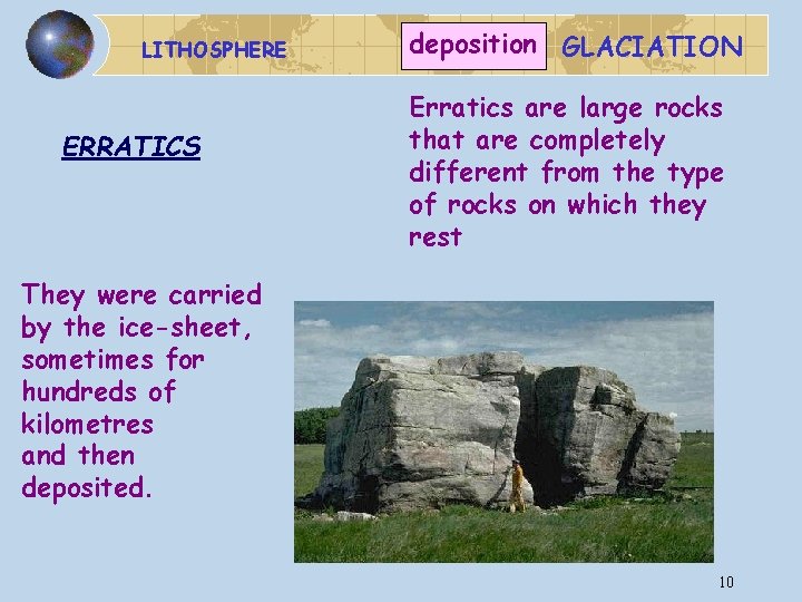 LITHOSPHERE ERRATICS deposition GLACIATION Erratics are large rocks that are completely different from the