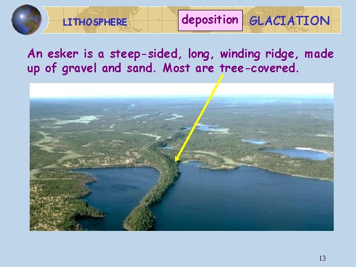 LITHOSPHERE deposition GLACIATION An esker is a steep-sided, long, winding ridge, made up of