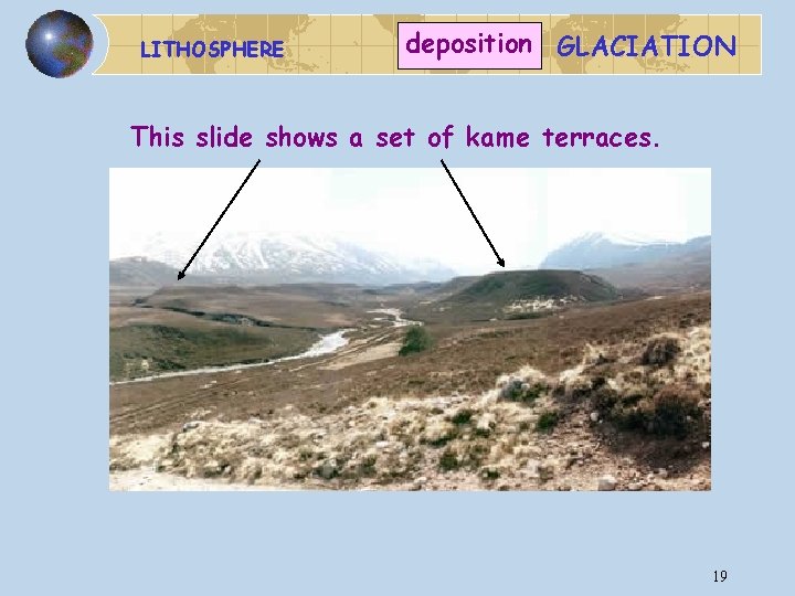 LITHOSPHERE deposition GLACIATION This slide shows a set of kame terraces. 19 