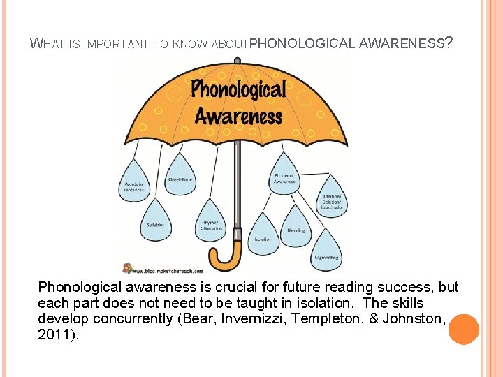 WHAT IS IMPORTANT TO KNOW ABOUTPHONOLOGICAL AWARENESS? Phonological awareness is crucial for future reading