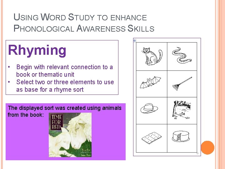 USING WORD STUDY TO ENHANCE PHONOLOGICAL AWARENESS SKILLS Rhyming • Begin with relevant connection