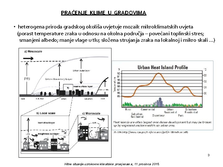 PRAĆENJE KLIME U GRADOVIMA • heterogena priroda gradskog okoliša uvjetuje mozaik mikroklimatskih uvjeta (porast