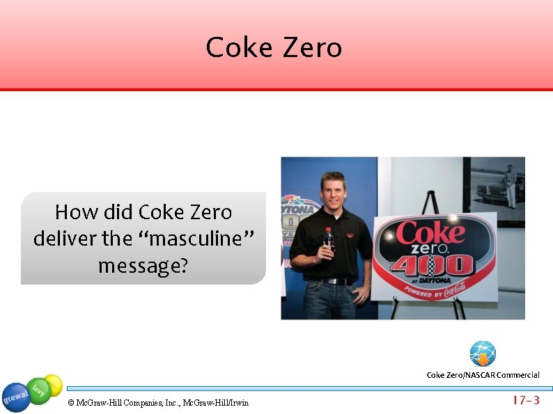 Coke Zero How did Coke Zero deliver the “masculine” message? Coke Zero/NASCAR Commercial ©