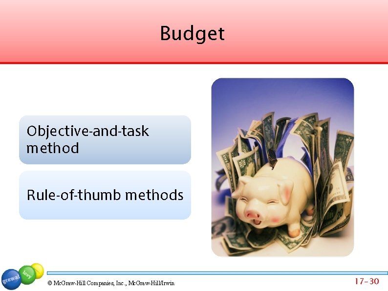 Budget Objective-and-task method Rule-of-thumb methods © Mc. Graw-Hill Companies, Inc. , Mc. Graw-Hill/Irwin 17