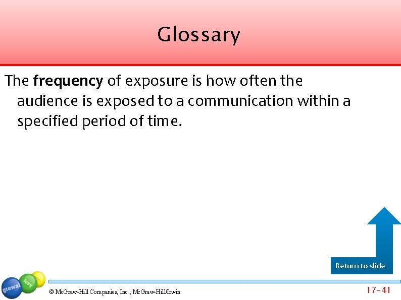 Glossary The frequency of exposure is how often the audience is exposed to a