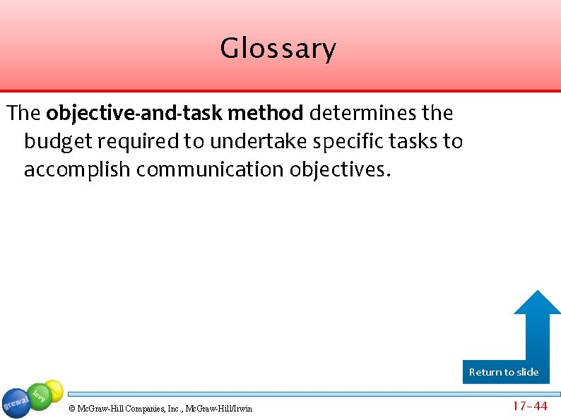 Glossary The objective-and-task method determines the budget required to undertake specific tasks to accomplish