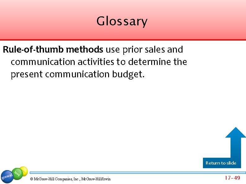 Glossary Rule-of-thumb methods use prior sales and communication activities to determine the present communication