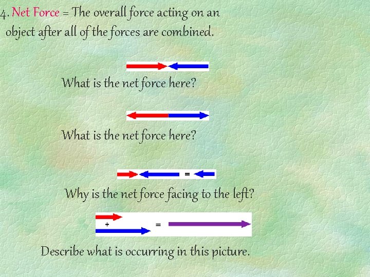 4. Net Force = The overall force acting on an object after all of