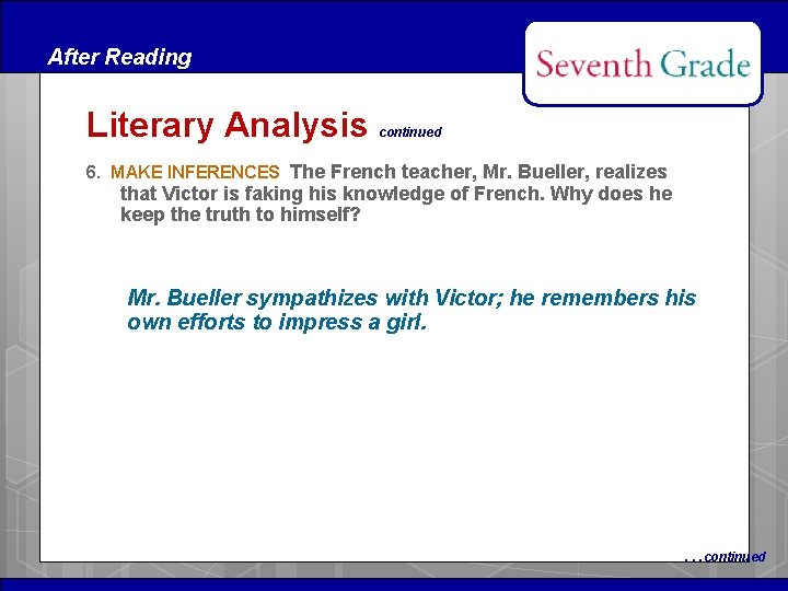 After Reading Literary Analysis continued 6. MAKE INFERENCES The French teacher, Mr. Bueller, realizes