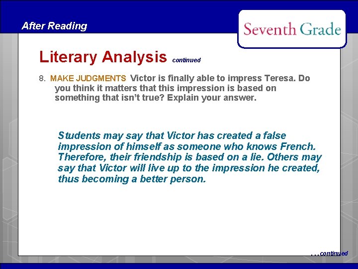 After Reading Literary Analysis continued 8. MAKE JUDGMENTS Victor is finally able to impress