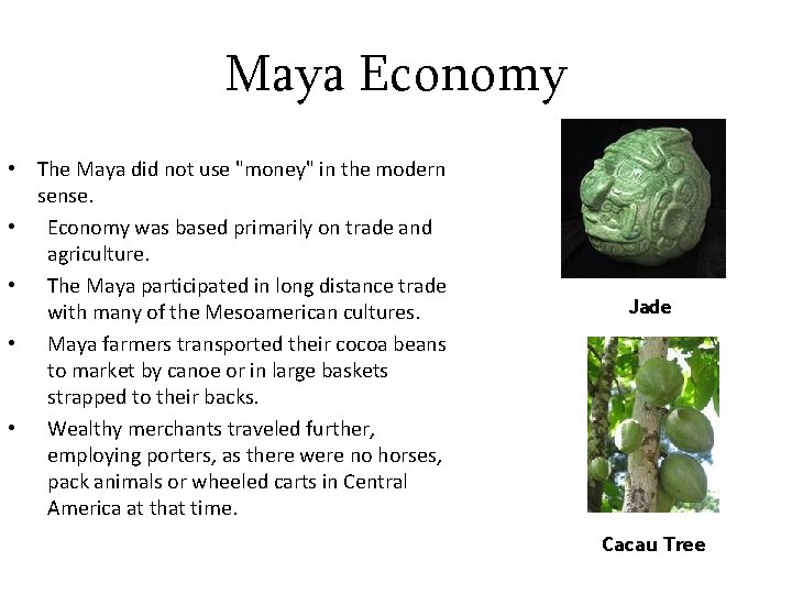 Maya Economy • The Maya did not use "money" in the modern sense. •