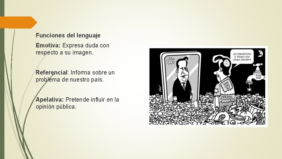 Funciones del lenguaje Emotiva: Expresa duda con respecto a su imagen. Referencial: Informa sobre