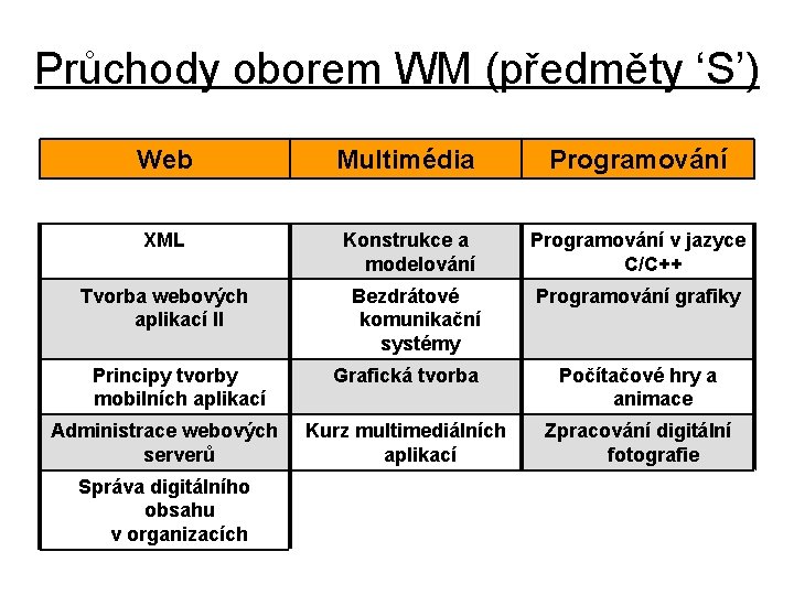 Průchody oborem WM (předměty ‘S’) Web Multimédia Programování XML Konstrukce a modelování Programování v