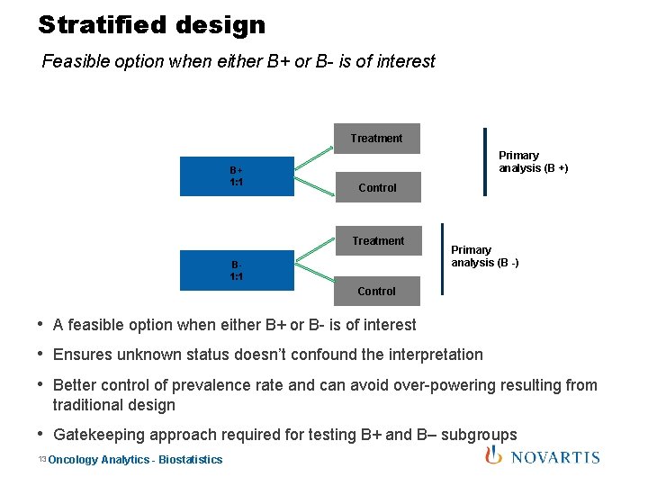 Stratified design Feasible option when either B+ or B- is of interest Treatment B+