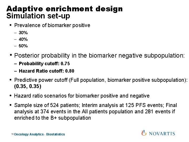 Adaptive enrichment design Simulation set-up • Prevalence of biomarker positive – 30% – 40%