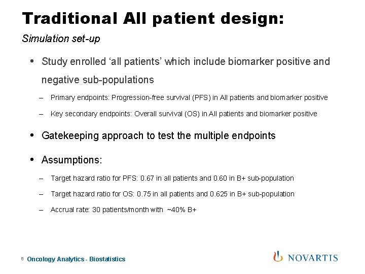 Traditional All patient design: Simulation set-up • Study enrolled ‘all patients’ which include biomarker