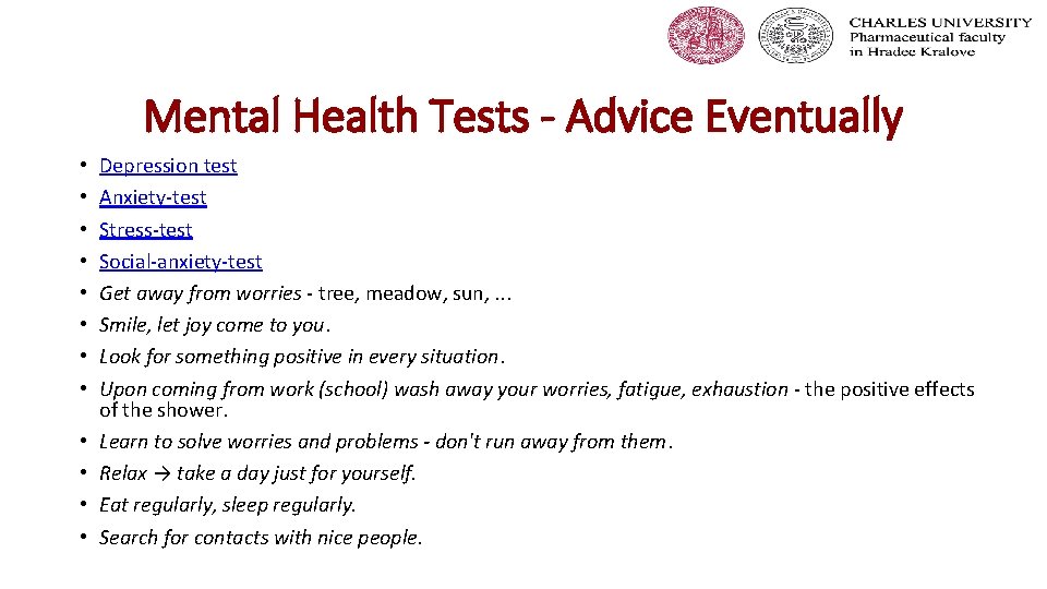 Mental Health Tests - Advice Eventually • • • Depression test Anxiety-test Stress-test Social-anxiety-test
