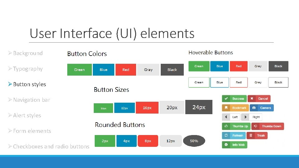 User Interface (UI) elements ØBackground ØTypography ØButton styles ØNavigation bar ØAlert styles ØForm elements