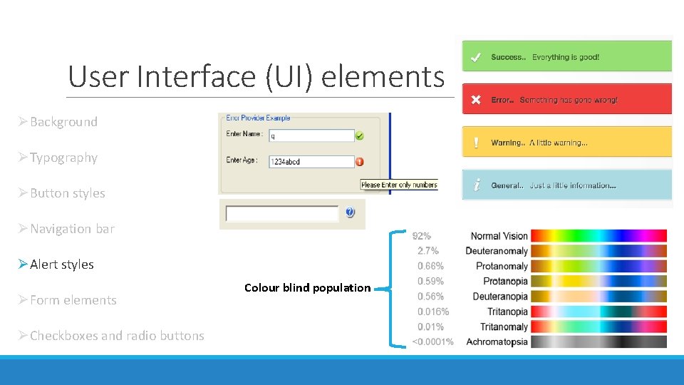 User Interface (UI) elements ØBackground ØTypography ØButton styles ØNavigation bar ØAlert styles ØForm elements