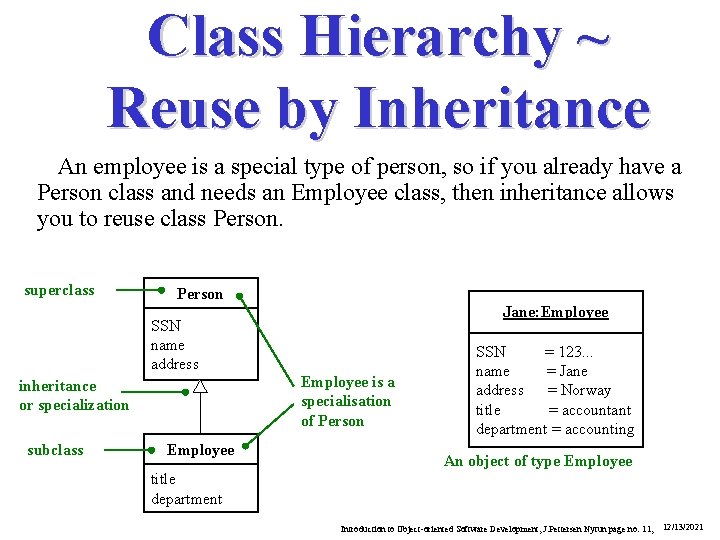 Class Hierarchy ~ Reuse by Inheritance An employee is a special type of person,