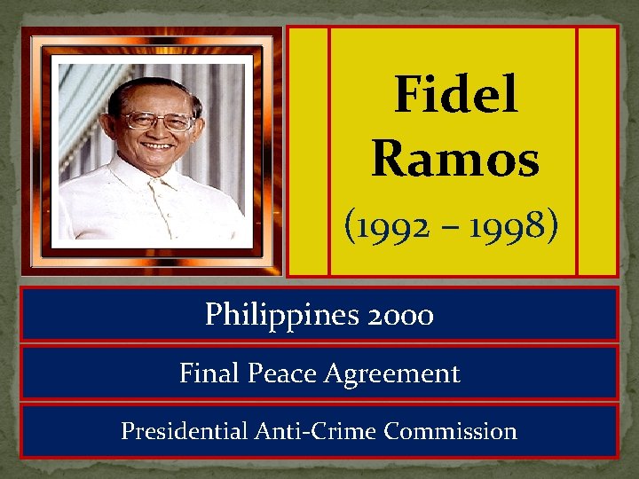 Fidel Ramos (1992 – 1998) Philippines 2000 Final Peace Agreement Presidential Anti-Crime Commission 