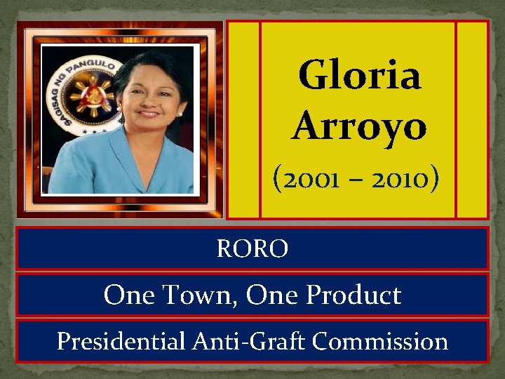 Gloria Arroyo (2001 – 2010) RORO One Town, One Product Presidential Anti-Graft Commission 