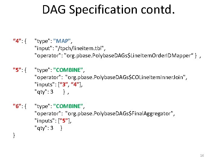 DAG Specification contd. “ 4": { "type": "MAP", "input": "/tpch/lineitem. tbl", "operator": "org. pbase.