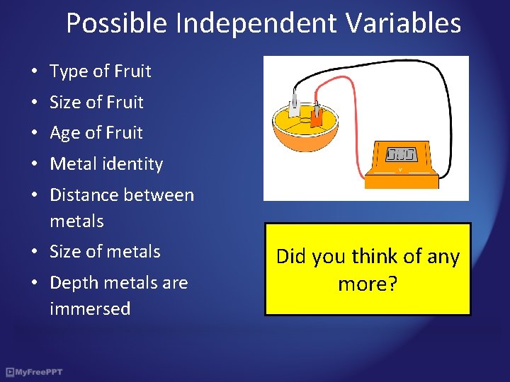 Possible Independent Variables • Type of Fruit • Size of Fruit • Age of