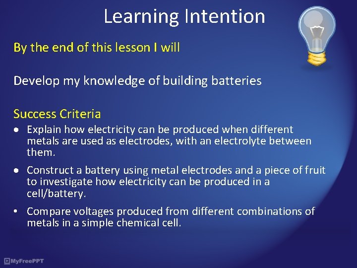 Learning Intention By the end of this lesson I will Develop my knowledge of