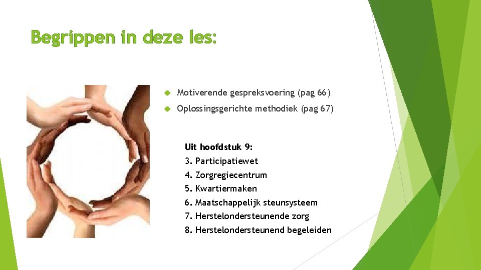 Begrippen in deze les: Motiverende gespreksvoering (pag 66) Oplossingsgerichte methodiek (pag 67) Uit hoofdstuk