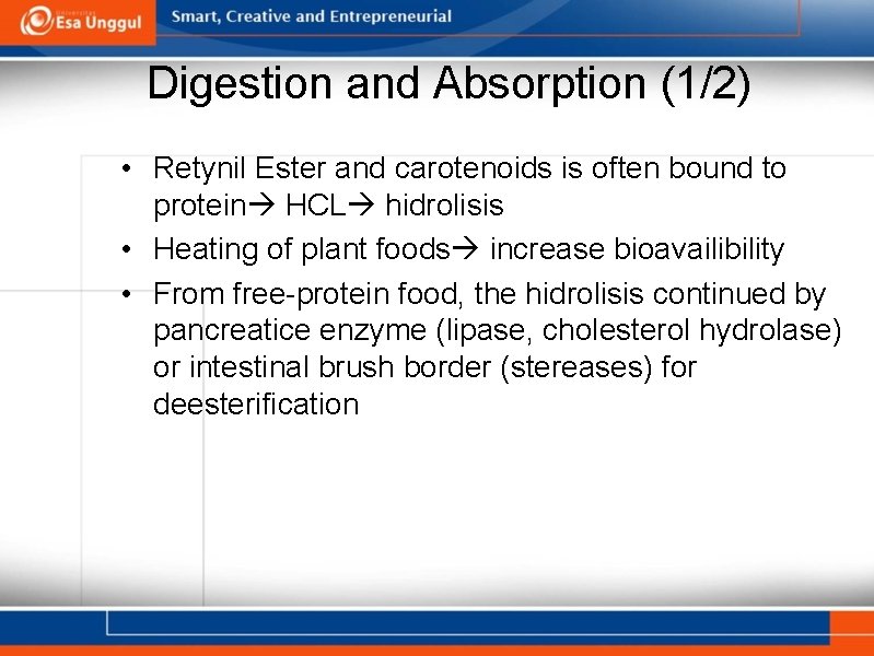 Digestion and Absorption (1/2) • Retynil Ester and carotenoids is often bound to protein