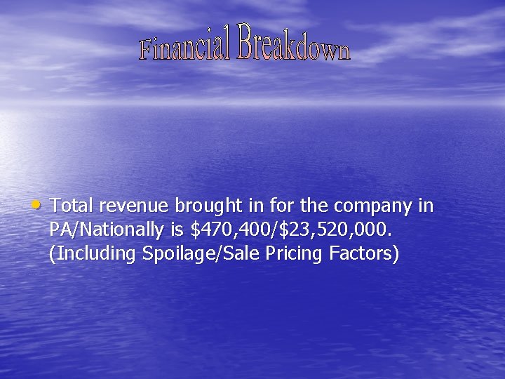  • Total revenue brought in for the company in PA/Nationally is $470, 400/$23,