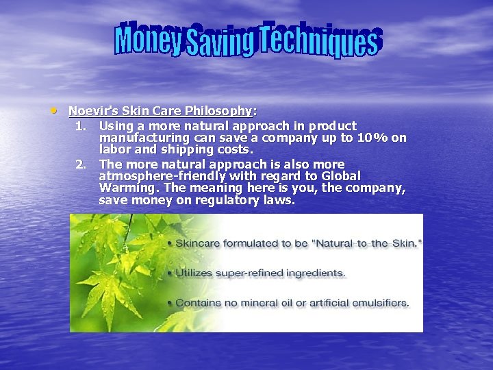  • Noevir's Skin Care Philosophy: 1. Using a more natural approach in product