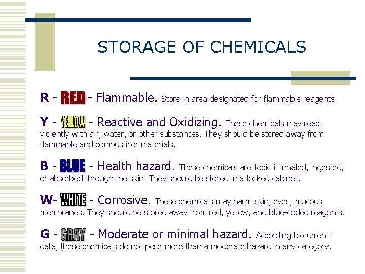 STORAGE OF CHEMICALS R- - Flammable. Y- - Reactive and Oxidizing. B- - Health