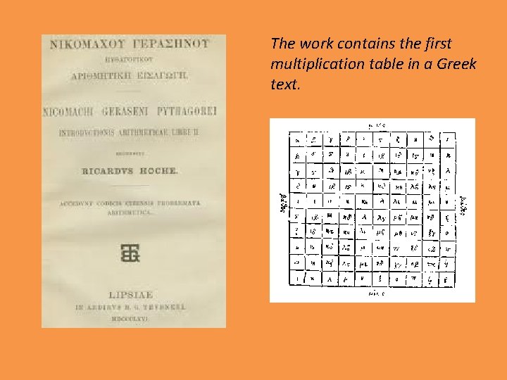 The work contains the first multiplication table in a Greek text. 
