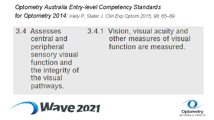 Optometry Australia Entry-level Competency Standards for Optometry 2014: Kiely P, Slater J. Clin Exp