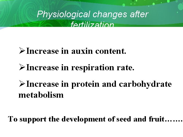 Physiological changes after fertilization ØIncrease in auxin content. ØIncrease in respiration rate. ØIncrease in