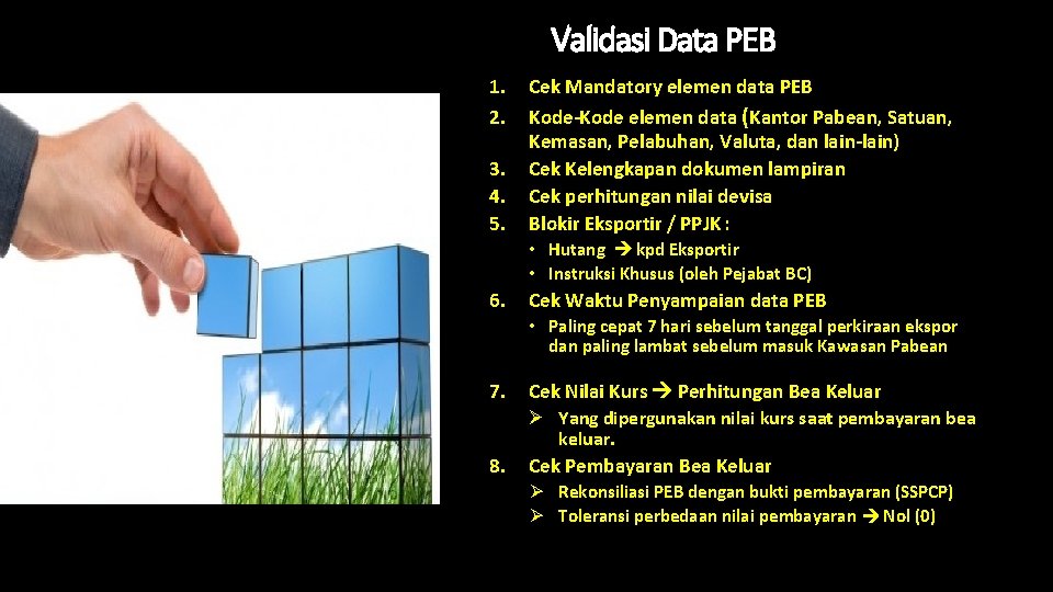 Validasi Data PEB 1. 2. 3. 4. 5. Cek Mandatory elemen data PEB Kode-Kode