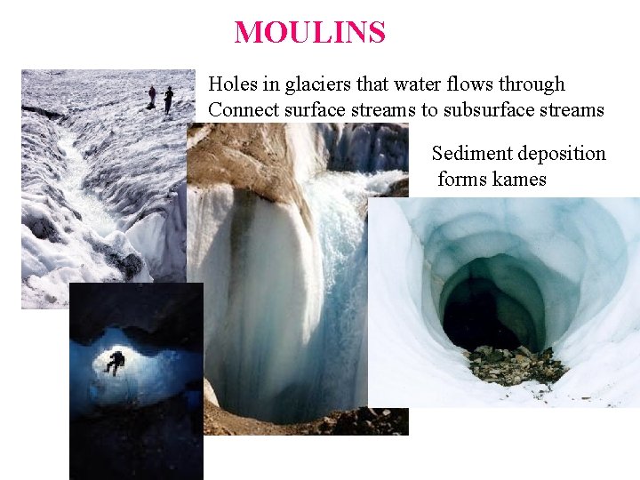 MOULINS Holes in glaciers that water flows through Connect surface streams to subsurface streams MOULINS Holes in glaciers that water flows through Connect surface streams to subsurface streams