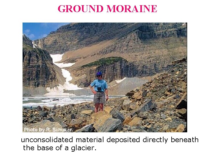 GROUND MORAINE unconsolidated material deposited directly beneath the base of a glacier.  GROUND MORAINE unconsolidated material deposited directly beneath the base of a glacier.