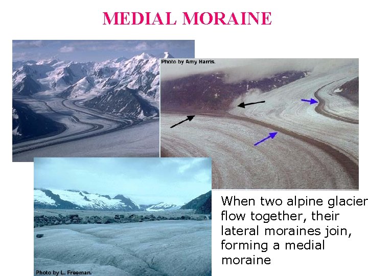 MEDIAL MORAINE When two alpine glacier flow together, their lateral moraines join, forming a MEDIAL MORAINE When two alpine glacier flow together, their lateral moraines join, forming a