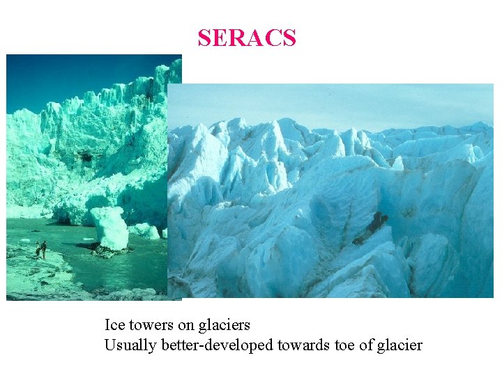 SERACS Ice towers on glaciers Usually better-developed towards toe of glacier  SERACS Ice towers on glaciers Usually better-developed towards toe of glacier